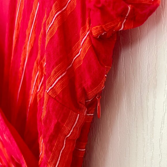 Tristan Red Striped Faux Wrap Cotton Blend V Neck Dress with Tie Belt Cap Sleeve - Picture 4 of 15